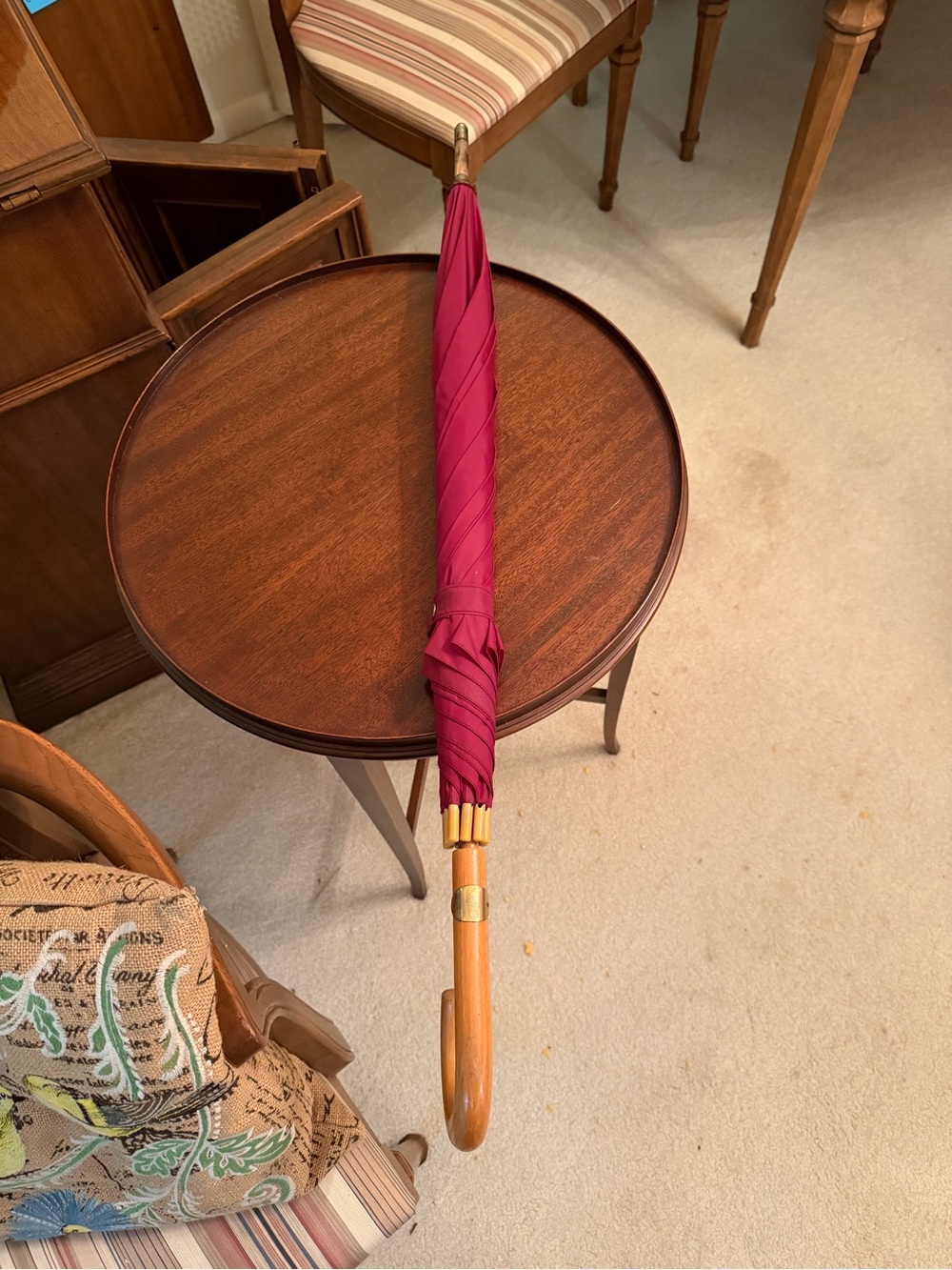Ralph Lauren Magenta Folding Umbrella with Wood Handle